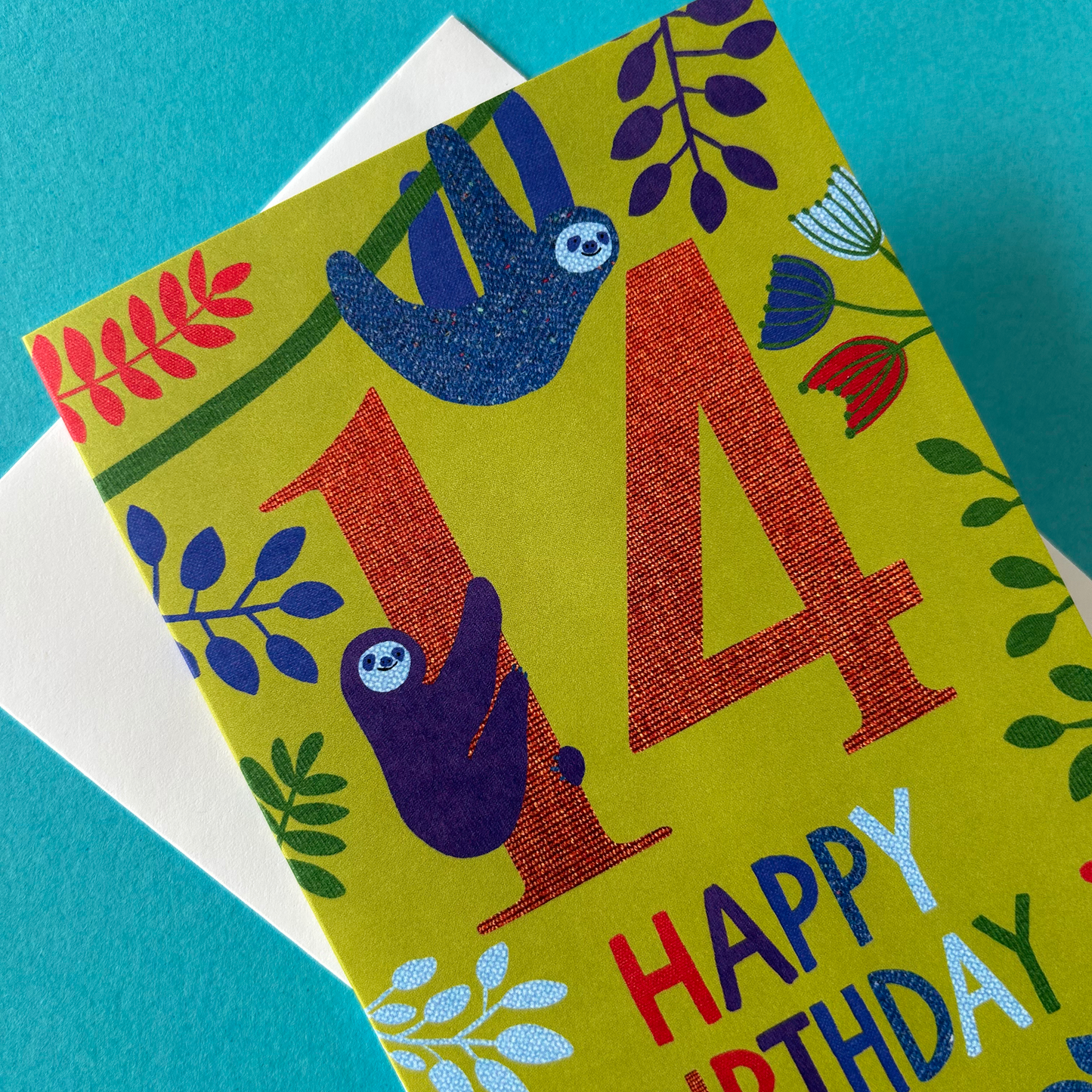 Colorful birthday card with sloths and the number 14 on a blue background