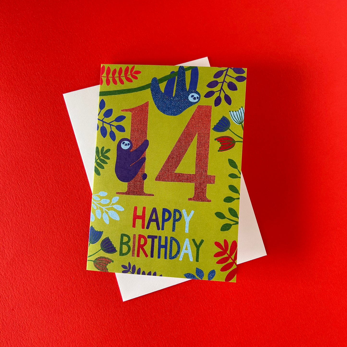 Colourful birthday card with number 14 and 'Happy Birthday' text on a red background