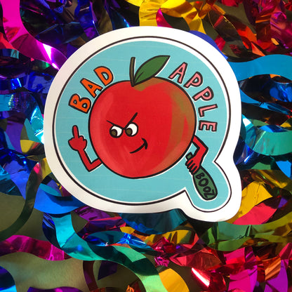 Image shows a vinyl sticker featuring a red apple swearing and drinking with the wording 'Bad Apple'