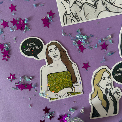 Stickers of women with text and graphics on a purple background with star-shaped confetti.