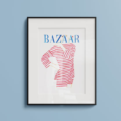 Image shows a simple line ink illustration of a Harpers Bazaar cover showing a woman in a red striped outfit