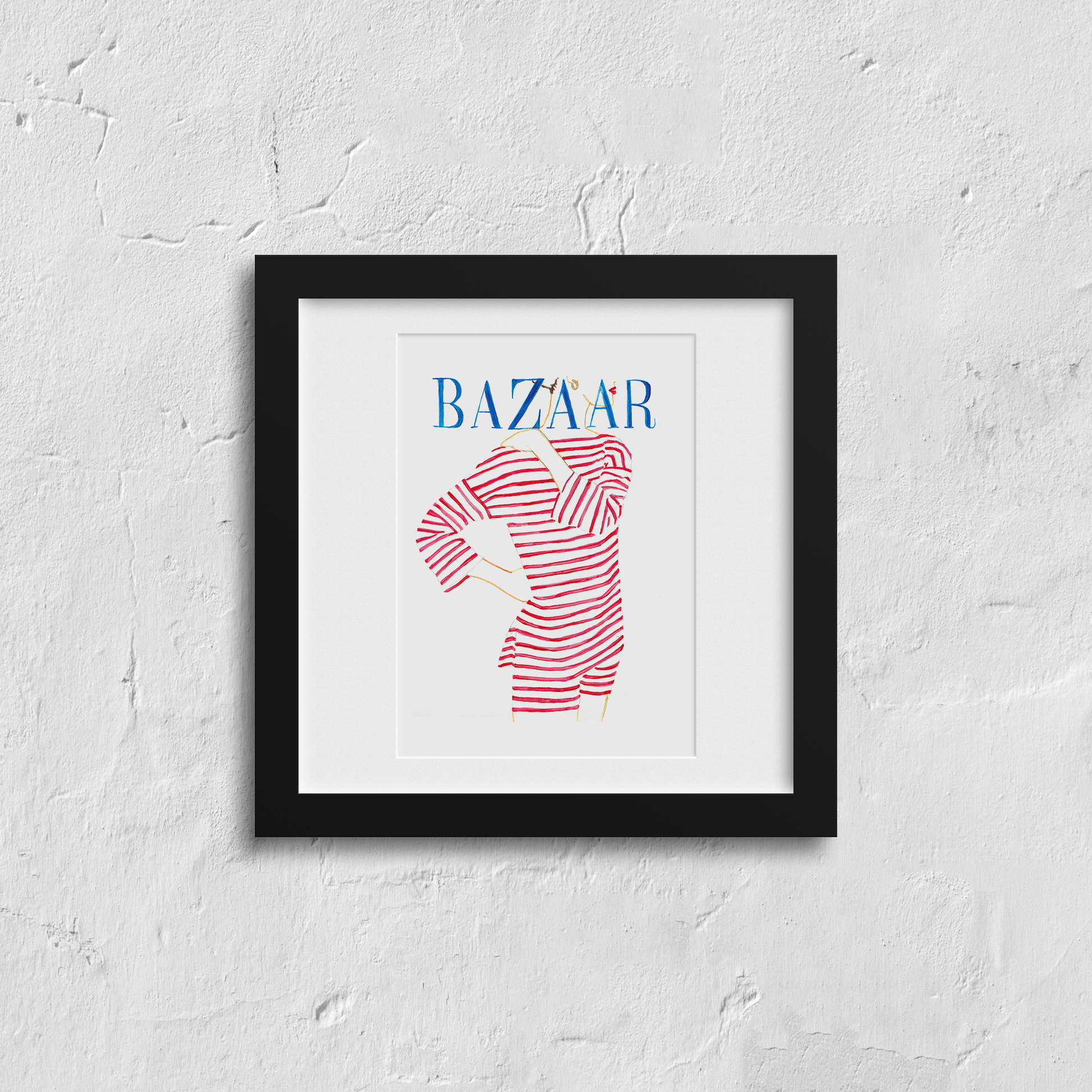 Image shows a simple line ink illustration of a Harpers Bazaar cover showing a woman in a red striped outfit