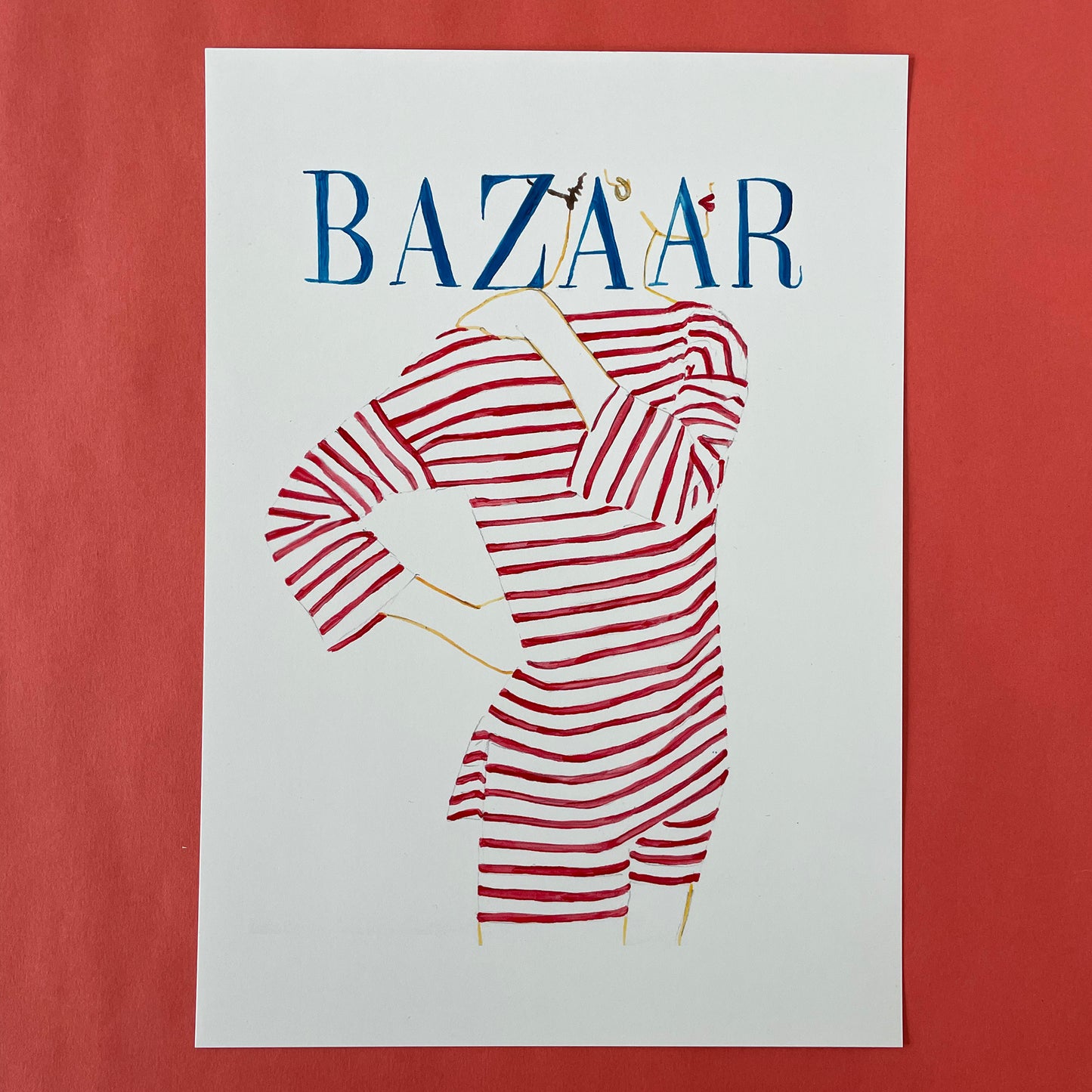 Image shows a simple line ink illustration of a Harpers Bazaar cover showing a woman in a red striped outfit