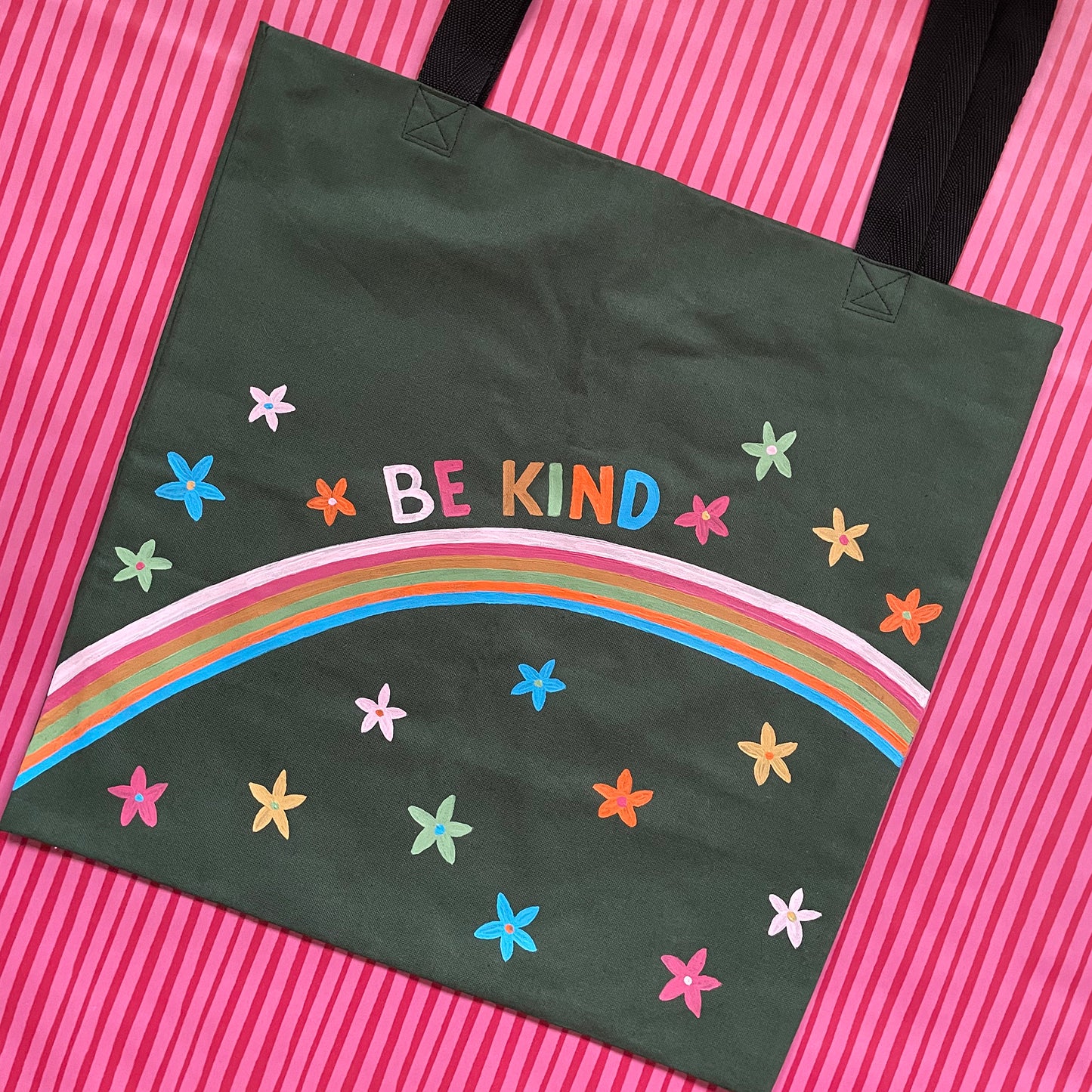 Be Kind - Hand Painted Green Canvas Tote Bag