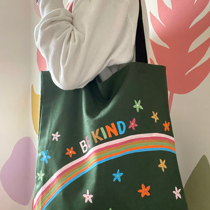 Be Kind - Hand Painted Green Canvas Tote Bag