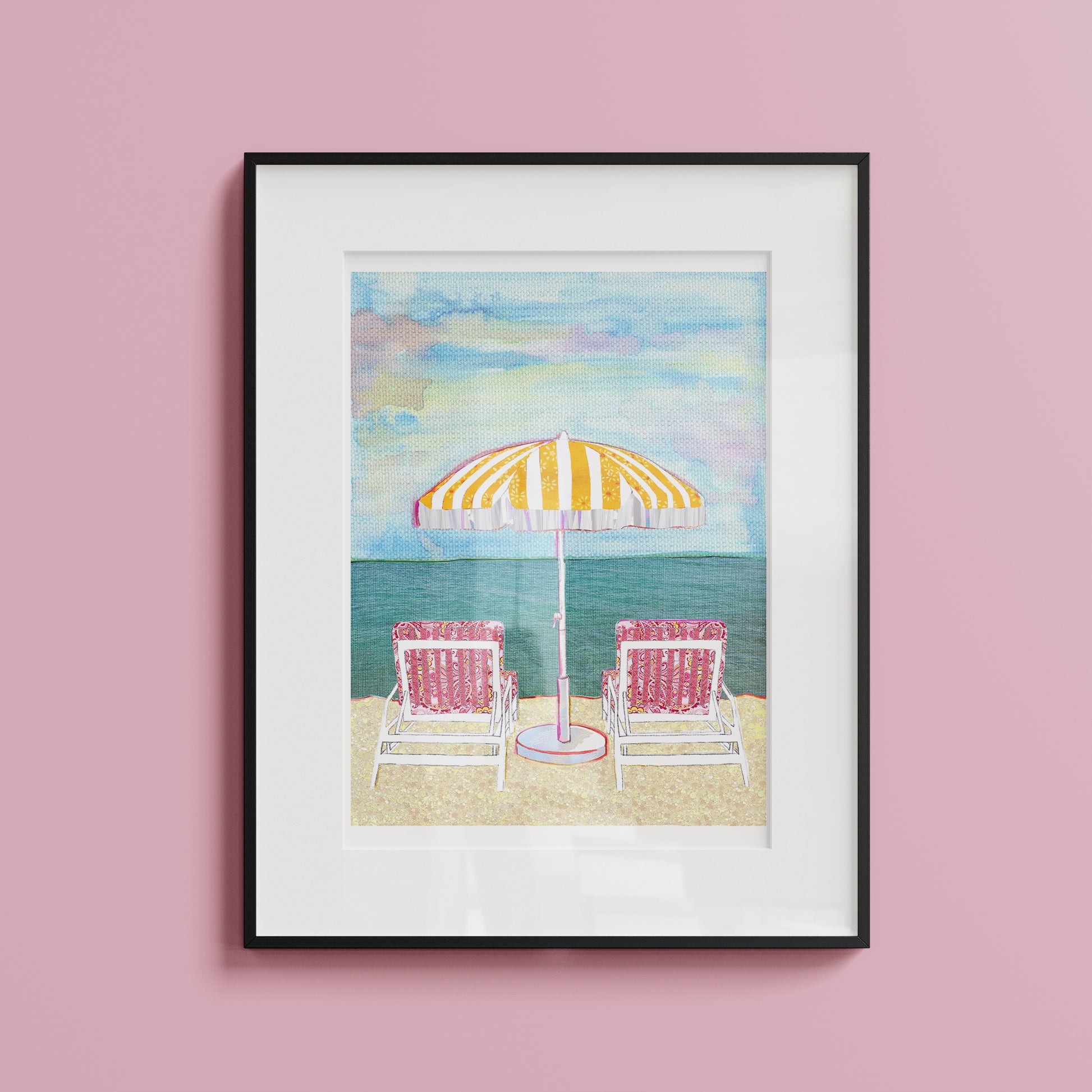 Image of a pretty pastel beach scene featuring 2 chairs and a parasol by the sea