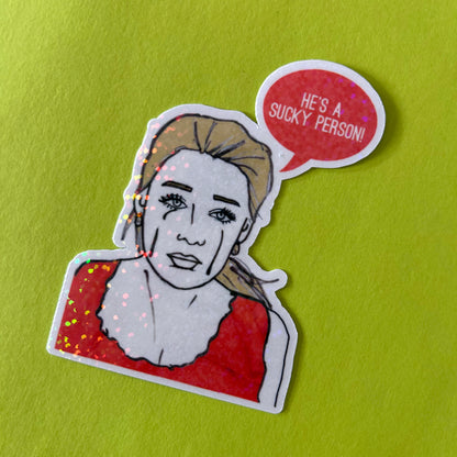 Sticker of Lauren Conrad with a speech bubble on a green background