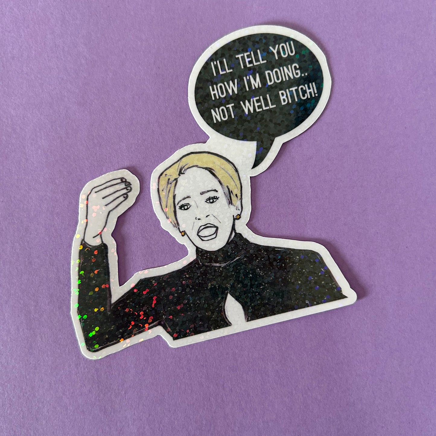 Sticker of Dorinda from RHONY on a purple background