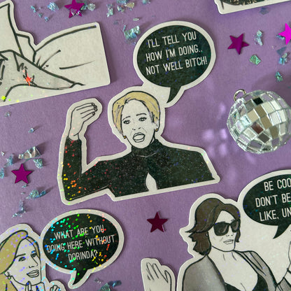 Sticker of Dorinda from RHONY on a purple background with stars and disco ball