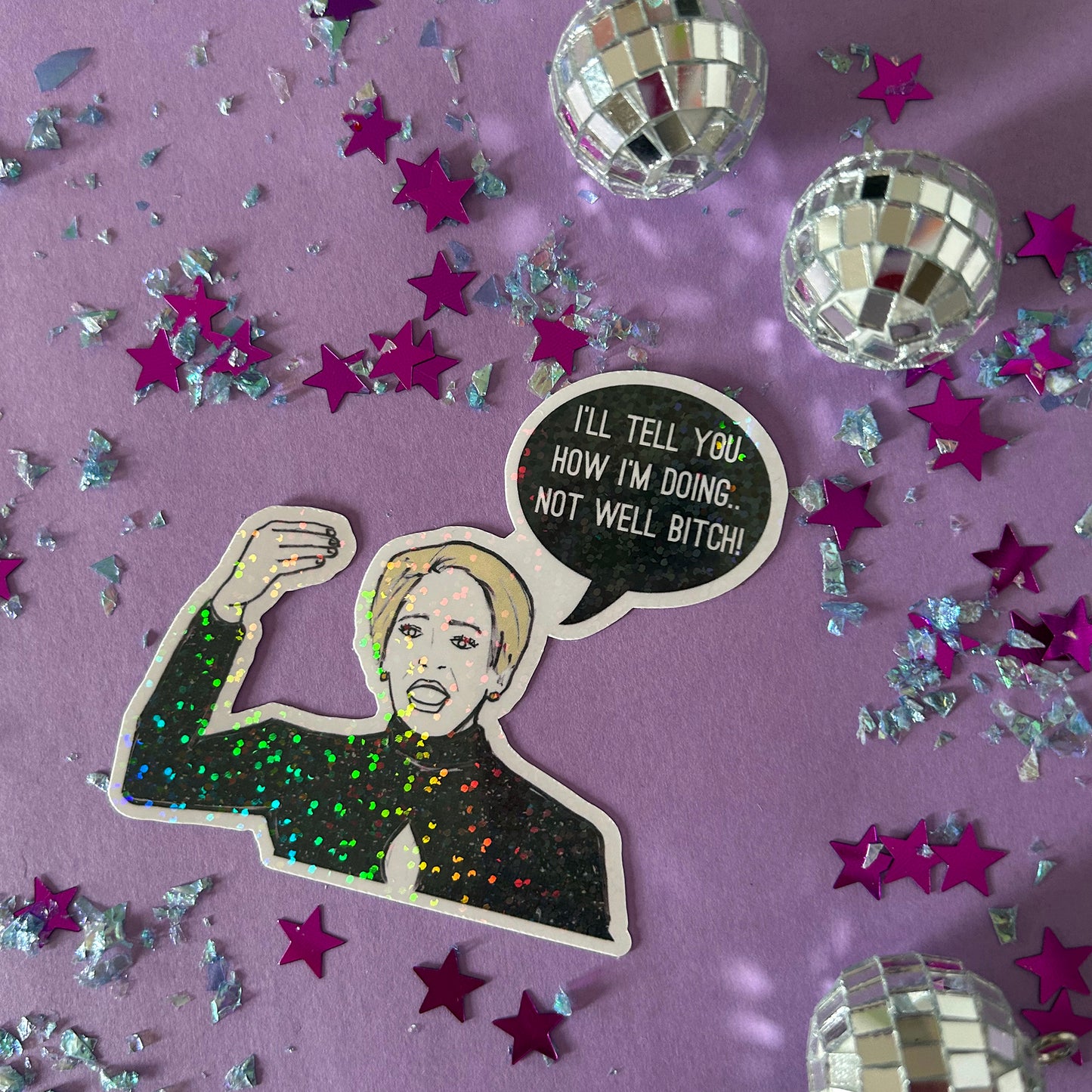 Sticker of Dorinda from RHONY on a purple background with stars and disco balls.