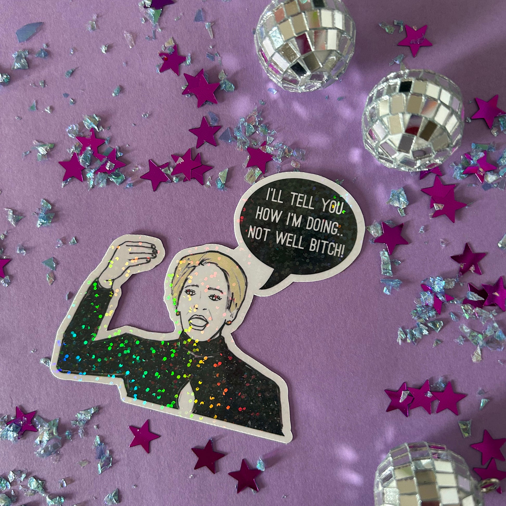 Sticker of Dorinda from RHONY on a purple background with stars and disco balls.