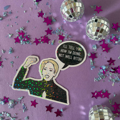 Sticker of Dorinda from RHONY on a purple background with stars and disco balls.