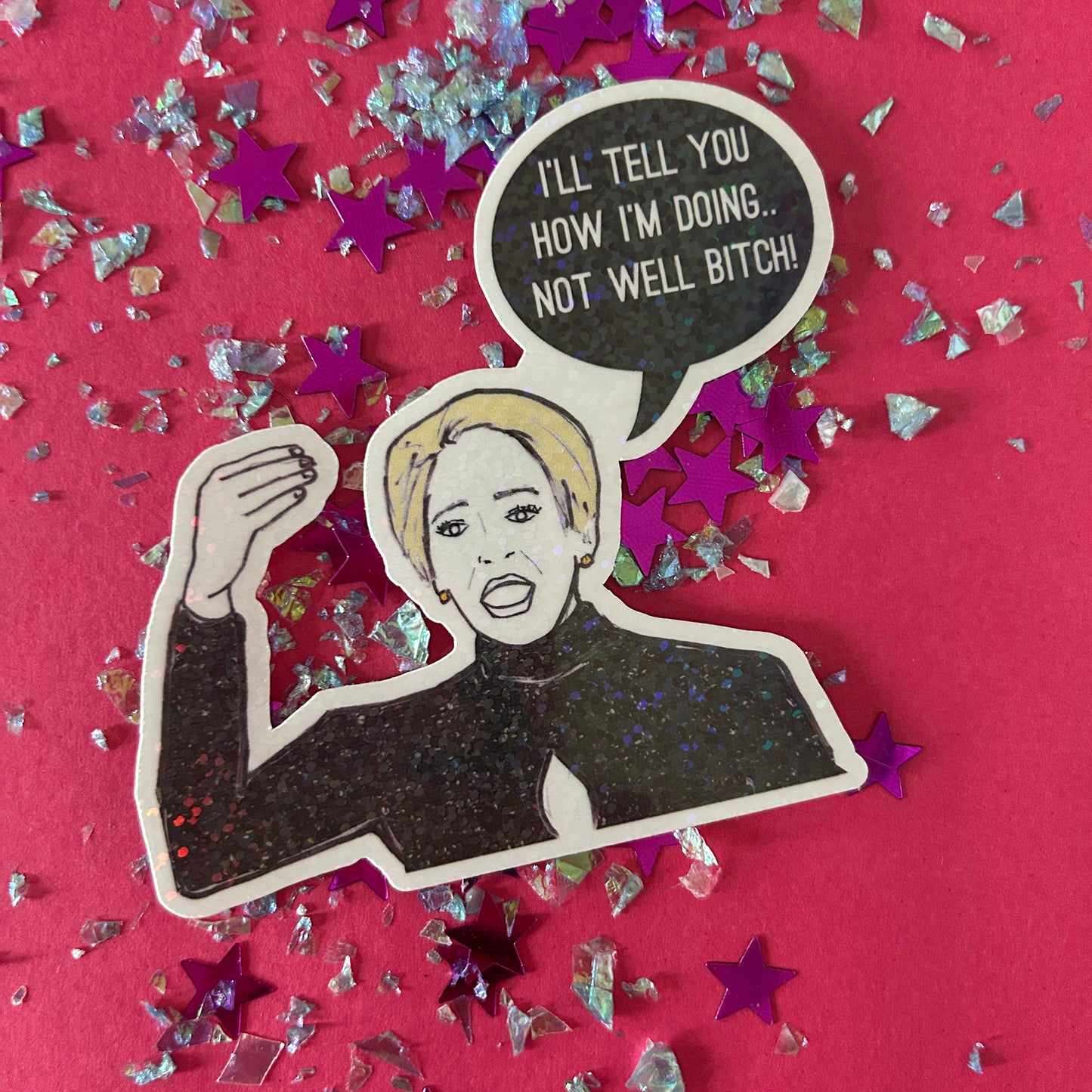 Sticker of Dorinda from RHONY on a pink background with confetti