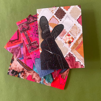 Image shows a set of 4 notecards with unique illustrations of different styles of shoes on colourful carpets