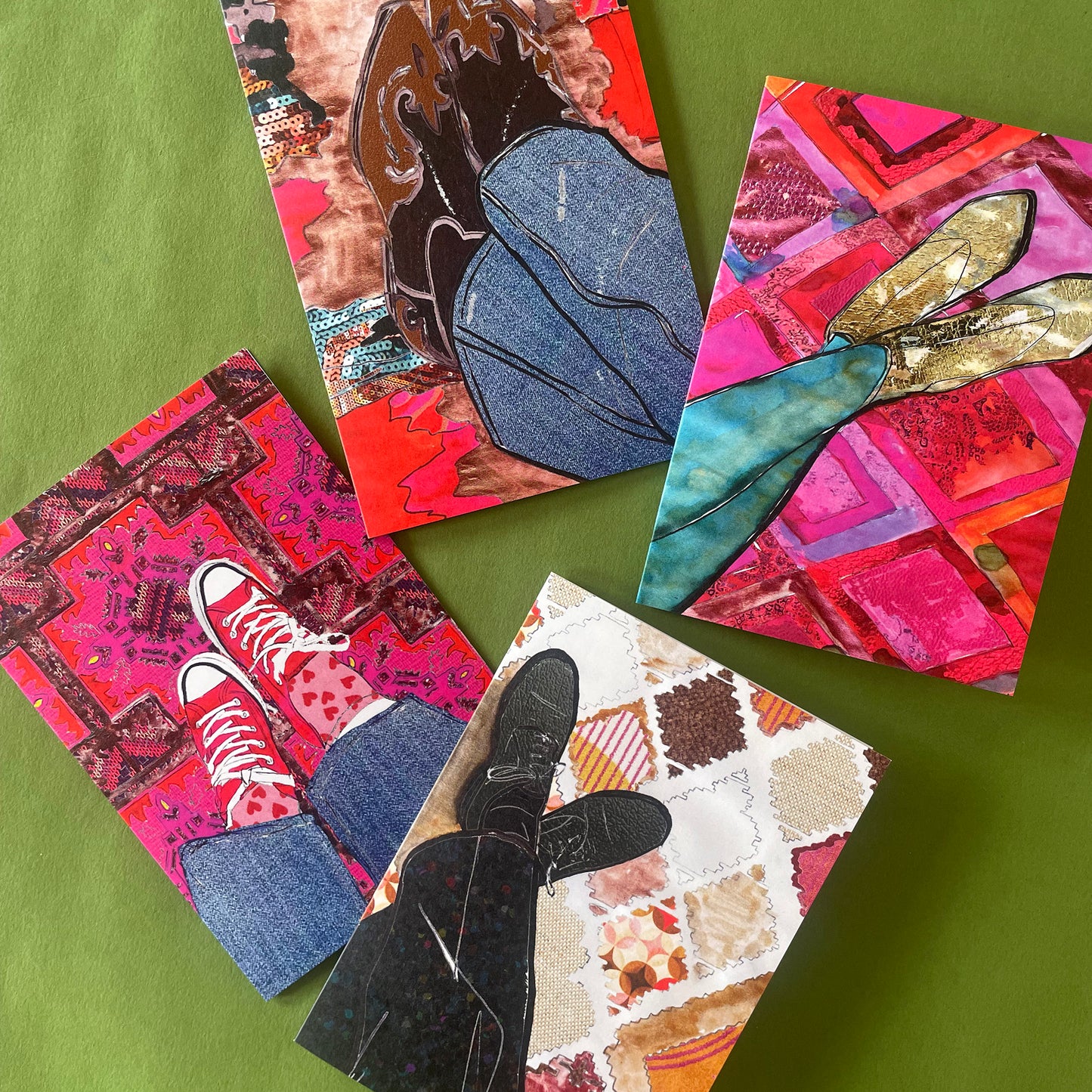 Image shows a set of 4 notecards with unique illustrations of different styles of shoes on colourful carpets