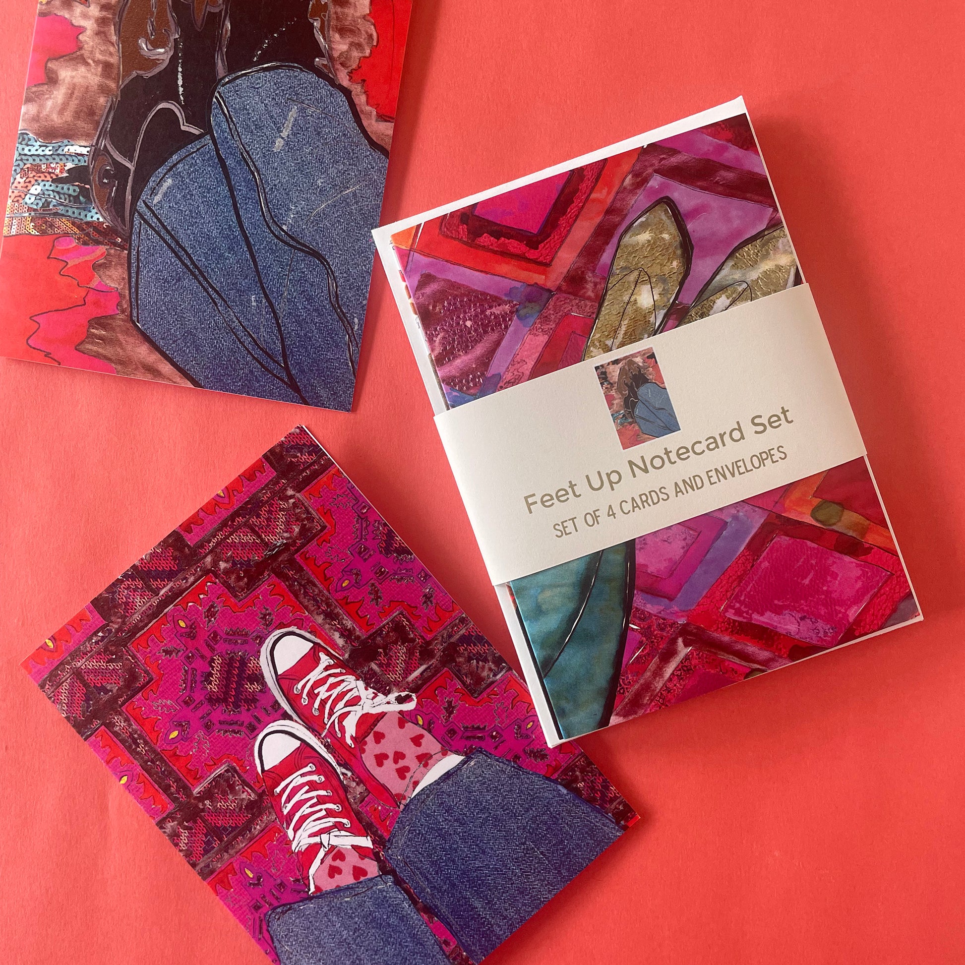 Image shows a set of 4 notecards with unique illustrations of different styles of shoes on colourful carpets