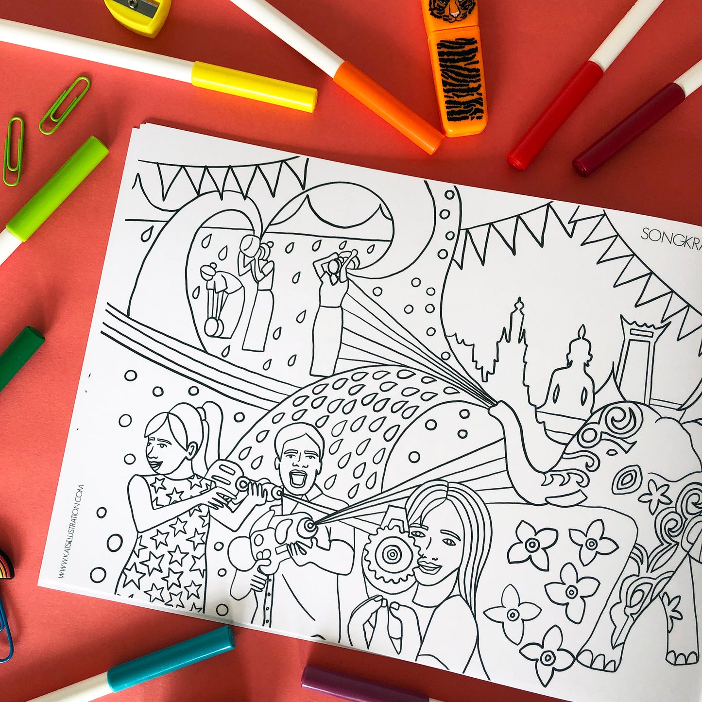 Image shows a page from a colouring book inspired by epic global festival Songkran