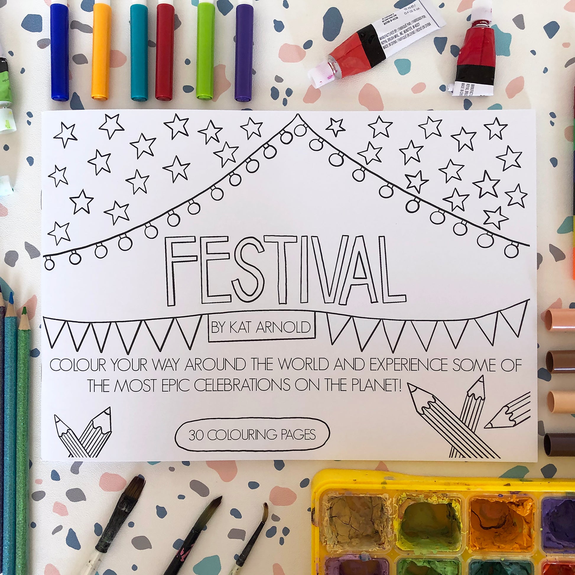 Image shows a colouring book inspired by epic global festivals