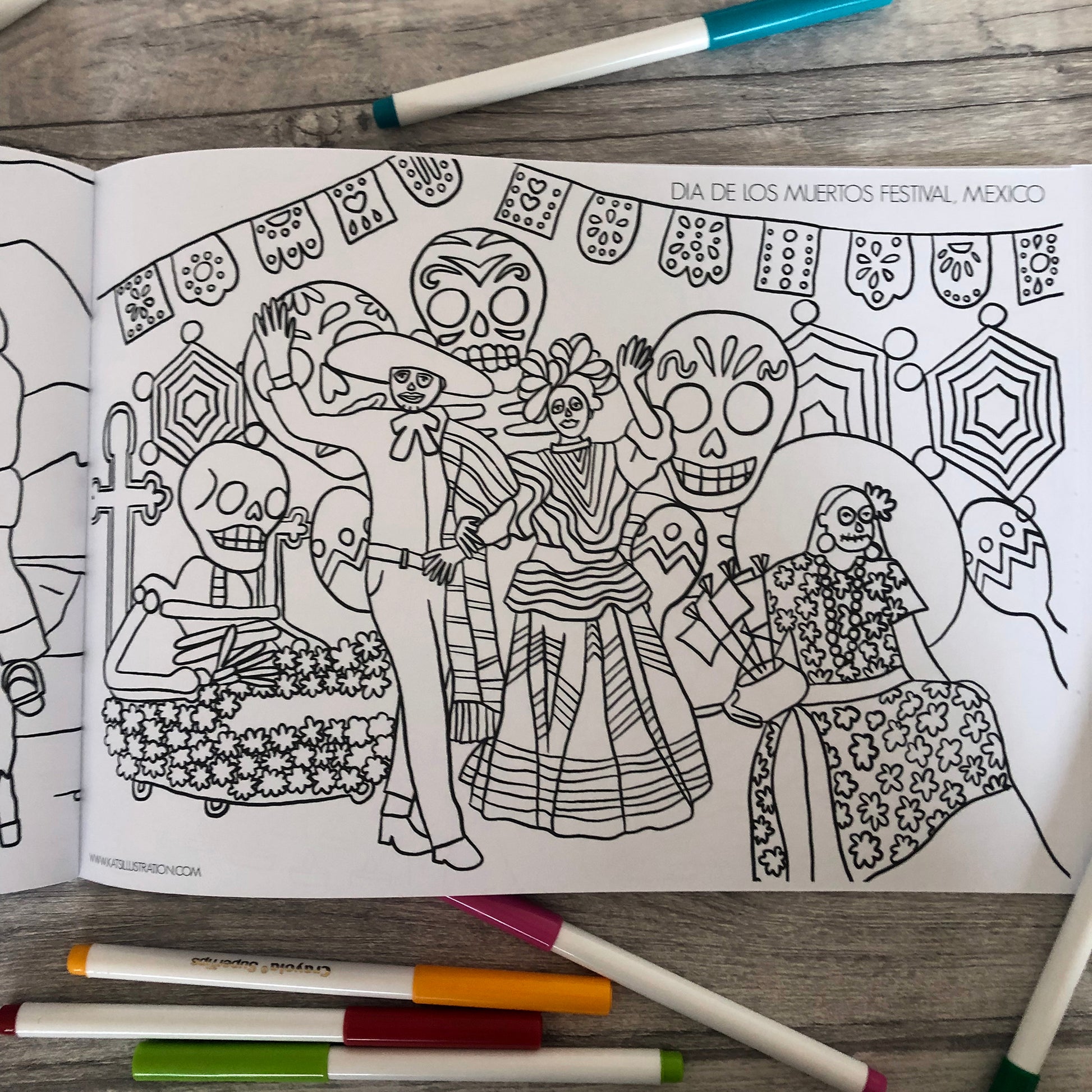 Image shows a page from a colouring book inspired by epic global festival Dia De Los Muetos