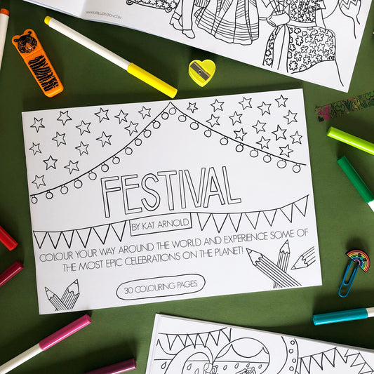 Image shows a colouring book inspired by epic global festivals
