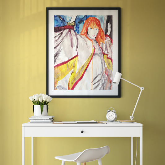 Image shows a loose style ink portrait of Florence Welch in orange, yellow, red and blue