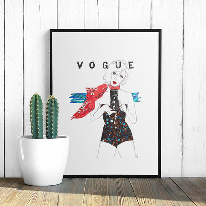 Image shows a framed illustration inspired by a vintage Vogue cover, drawn in pencil and collaged fabrics.