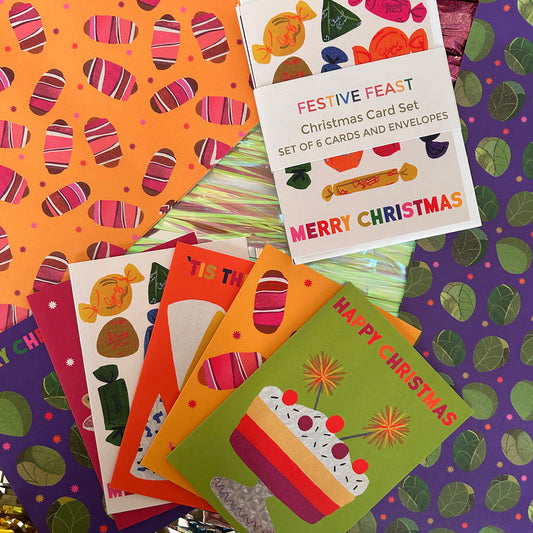 Festive Feast Christmas Cards and Wrap Large Bundle - 12 Cards 4 Wrap