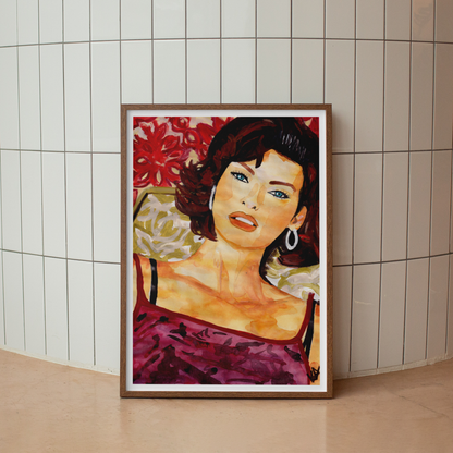 Image shows a print of a gouache painting in golds, reds and purple of supermodel Linda Evangalista