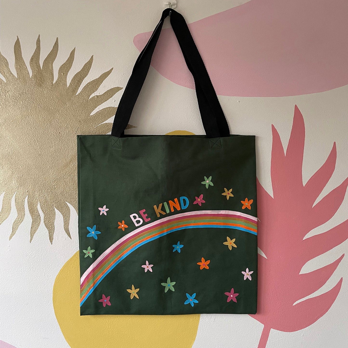 Be Kind - Hand Painted Green Canvas Tote Bag