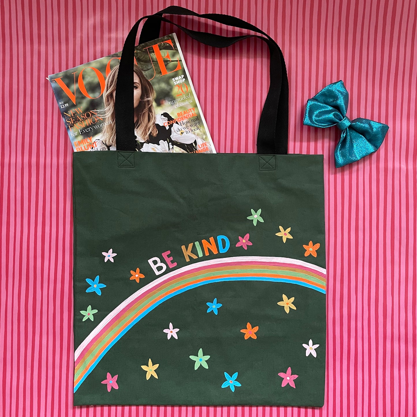 Be Kind - Hand Painted Green Canvas Tote Bag