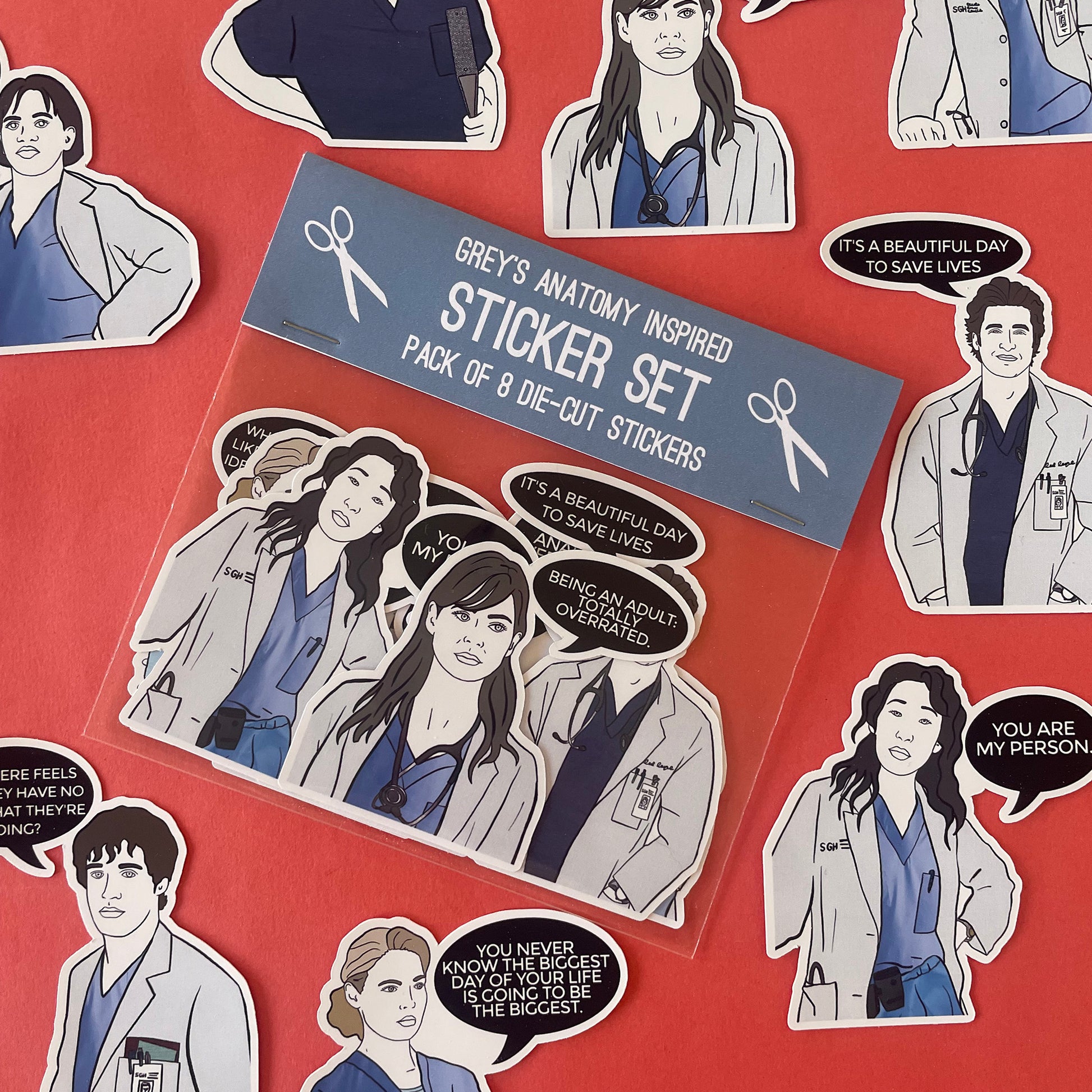 Image shows a packet of hand drawn stickers inspired by the cast of Grey's Anatomy.