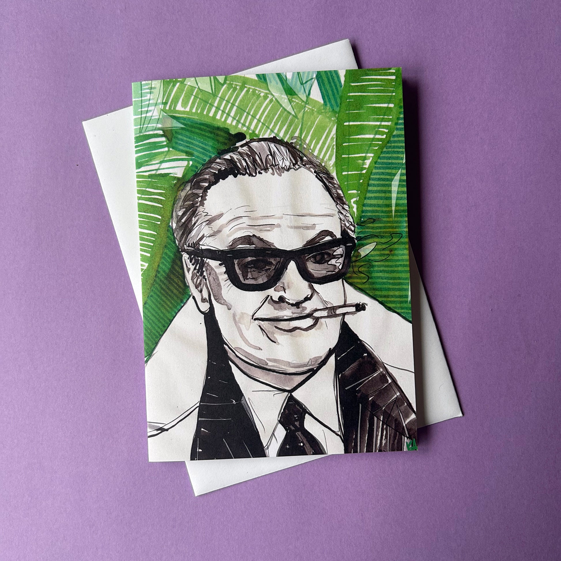 Greeting card with a stylized illustration of a man with sunglasses and a cigar on a purple background