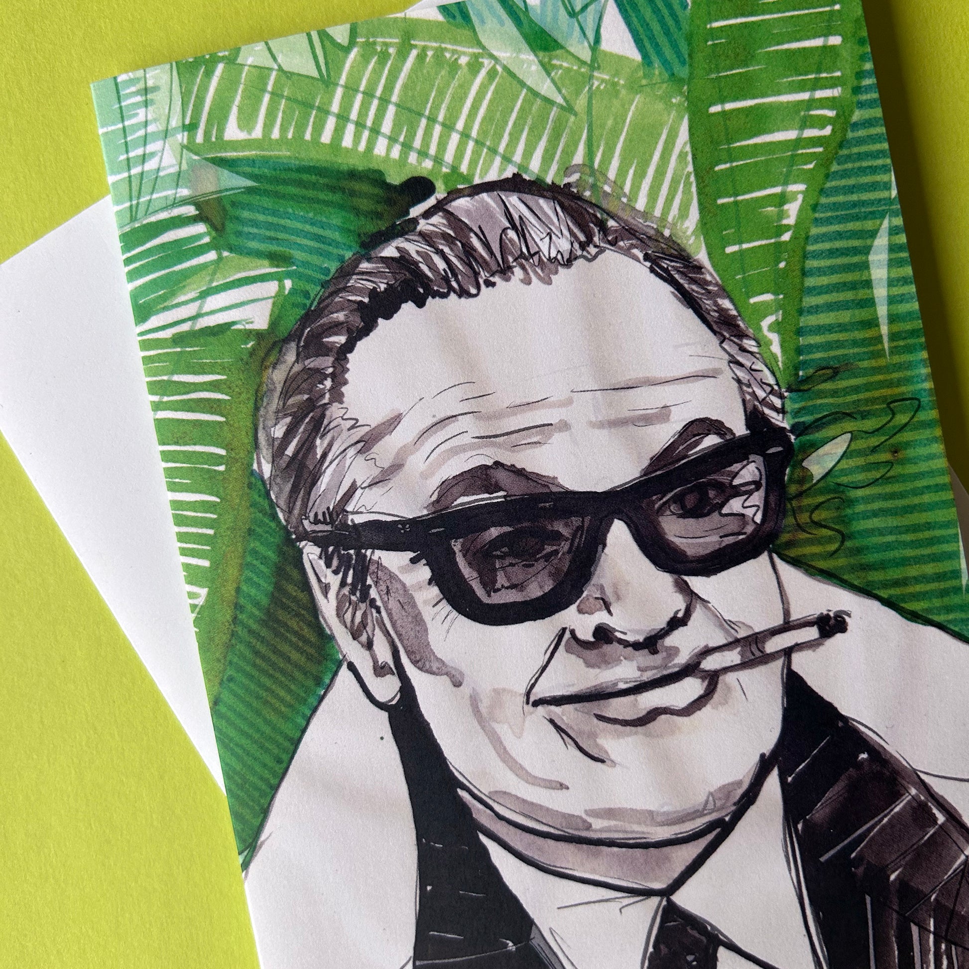 Illustration of a man with sunglasses on a green and white background