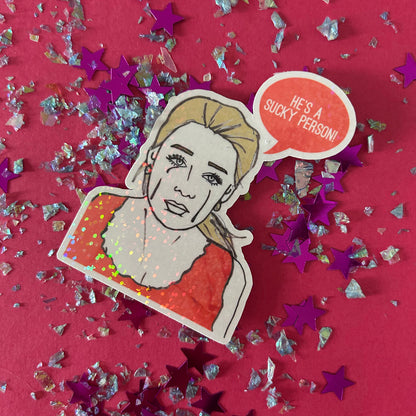 Illustrated Lauren Conrad sticker on a pink background with star-shaped confetti.