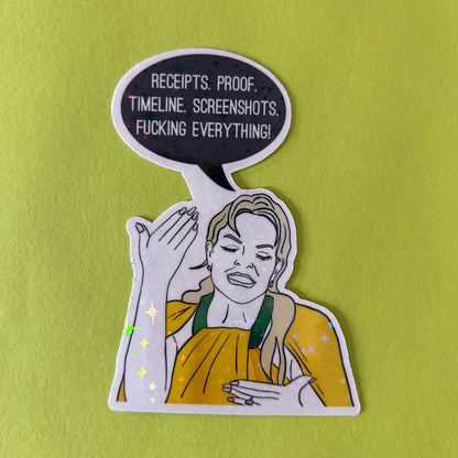 Sticker of a person with a speech bubble containing text on a green background