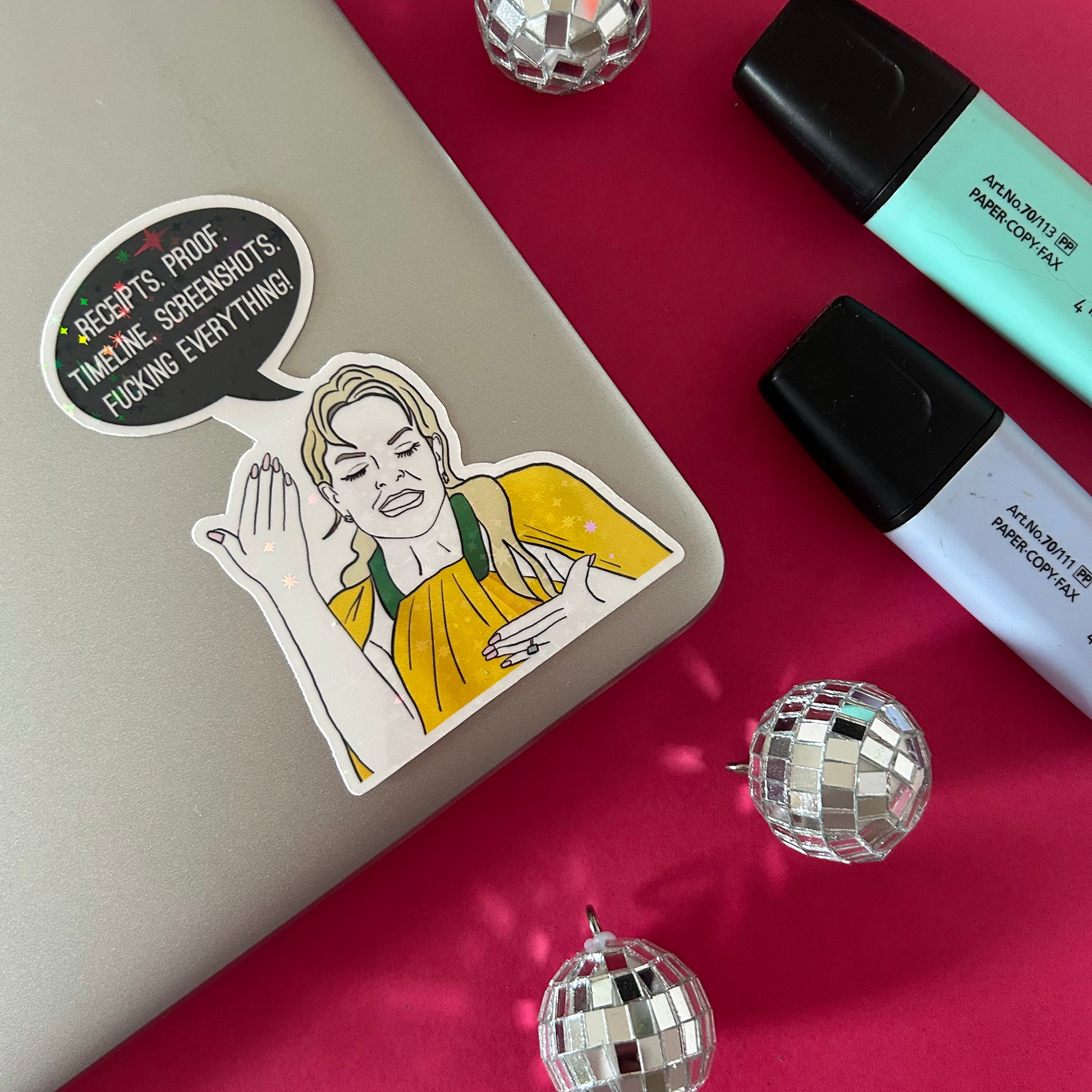 Sticker of a person with a speech bubble on a notebook with markers and disco balls on a red background
