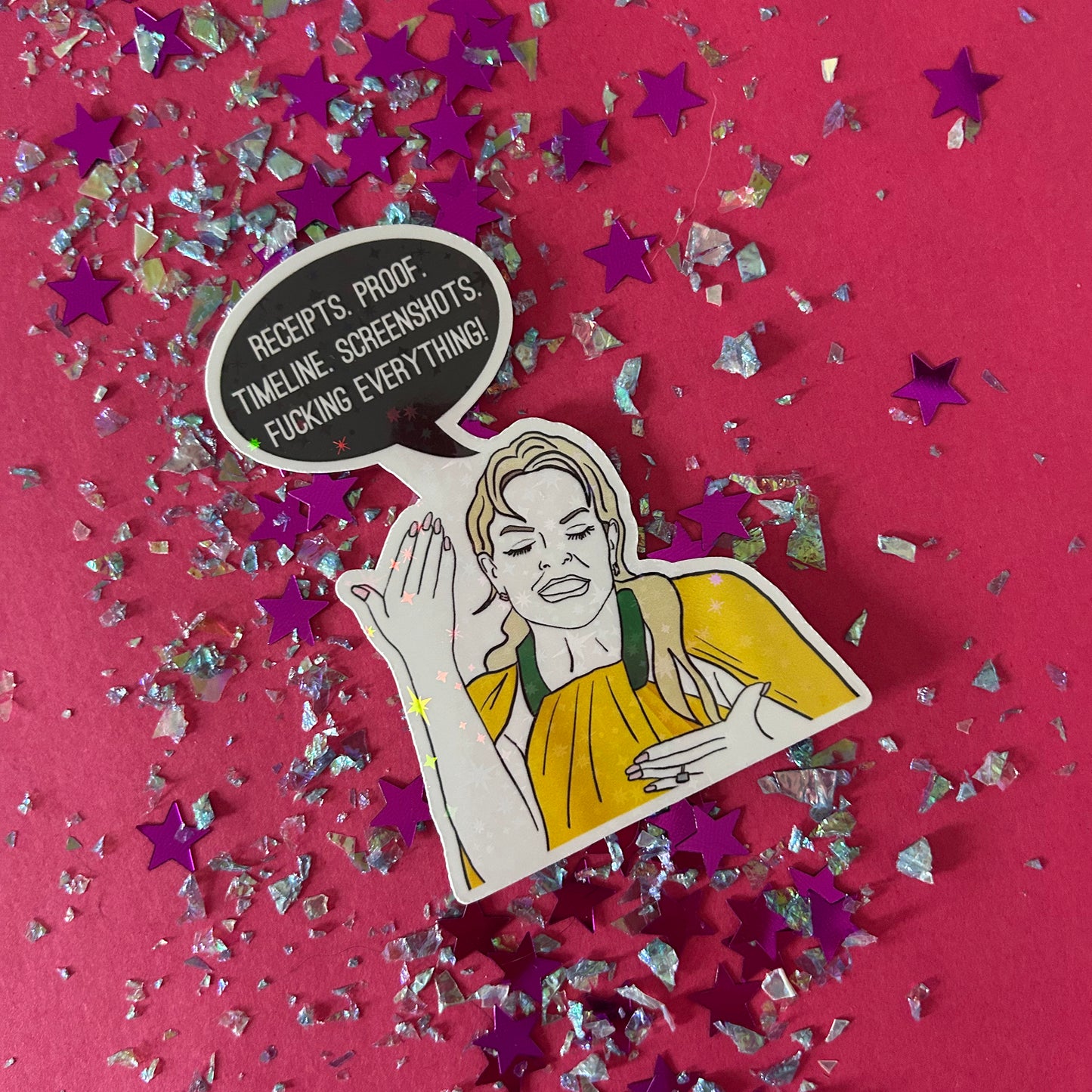 Illustration of a woman with a speech bubble on a pink background with star-shaped confetti