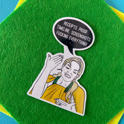 Sticker of a woman with a speech bubble on a green and yellow background
