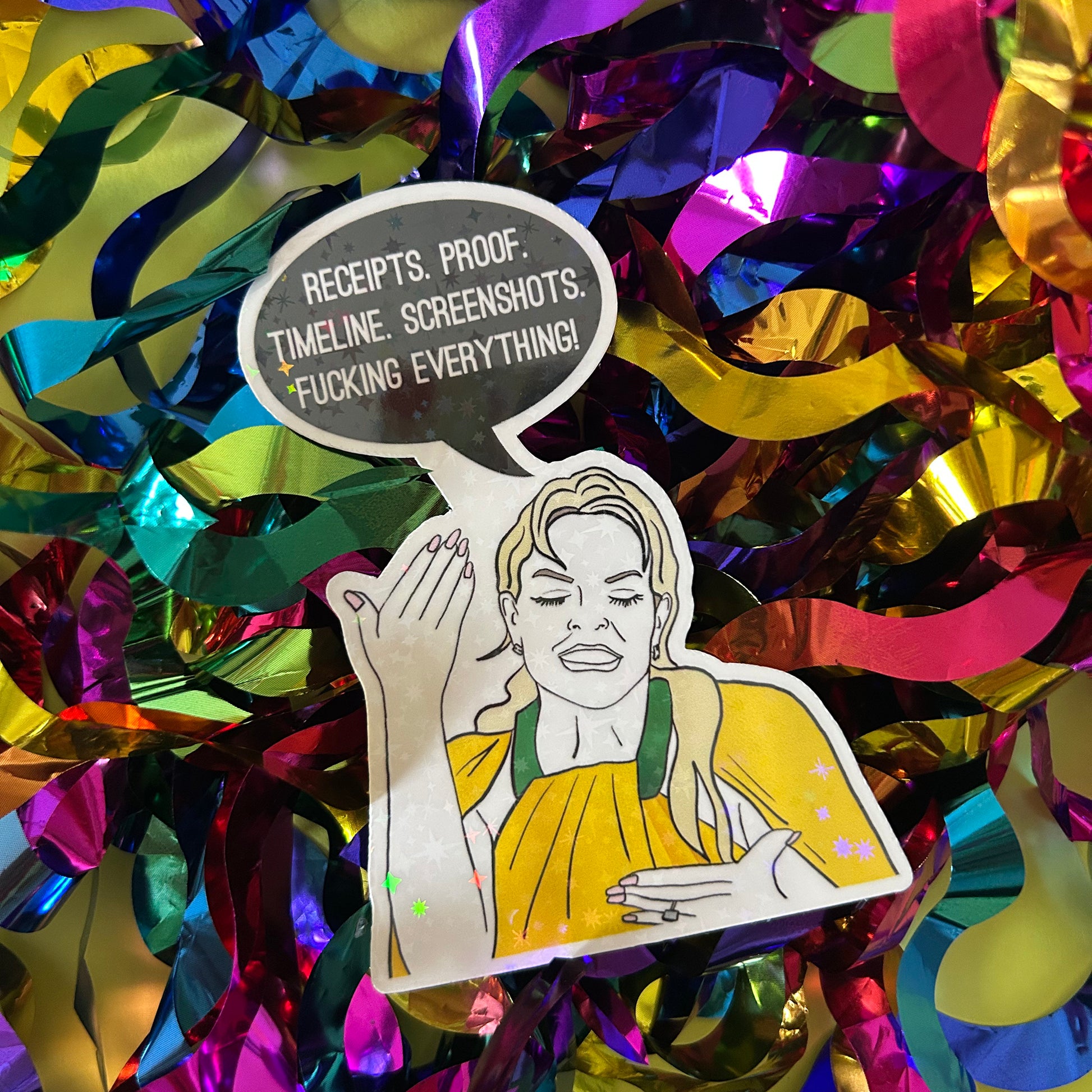 Sticker of a person with a speech bubble on a colorful, metallic background