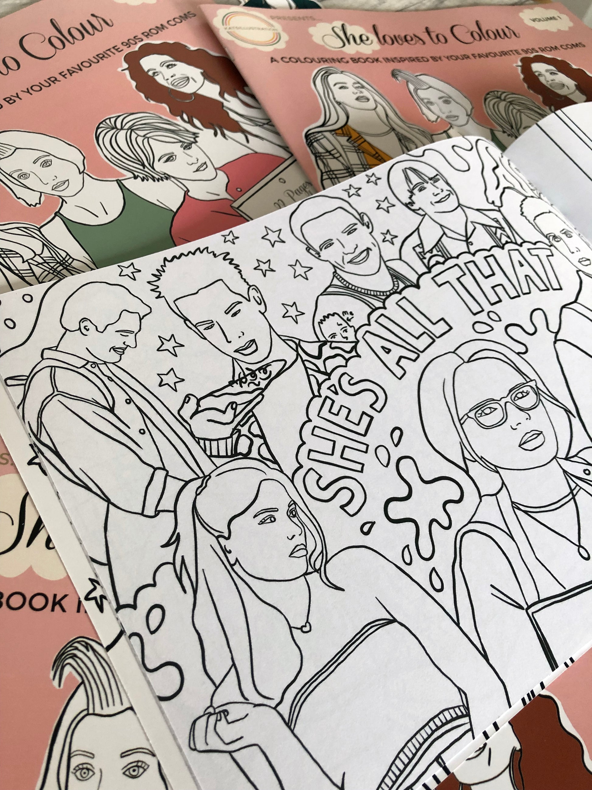 Fun, colouring book inspired by 90s rom com movies.