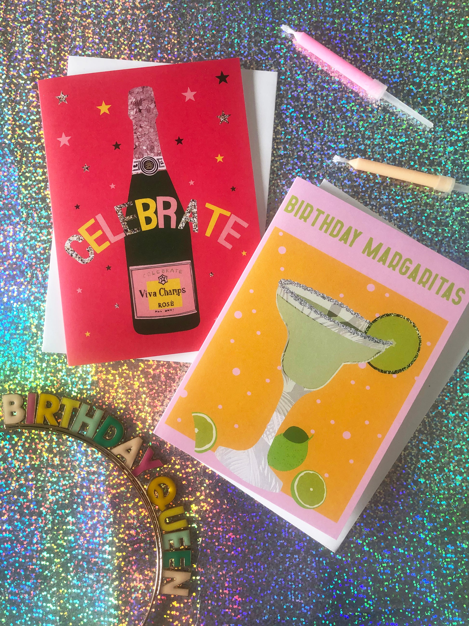 Bright and colourful birthday card featuring a margarita cocktail on a holographic background