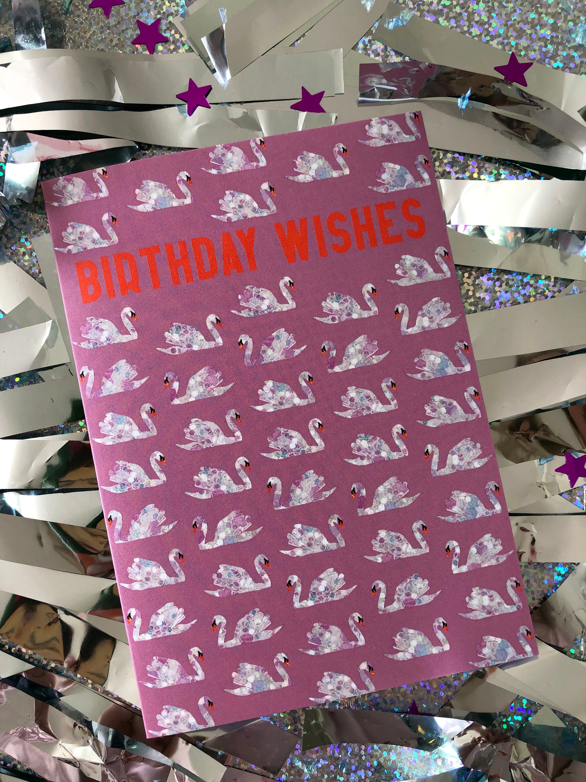 Pretty pink, swan print birthday card.