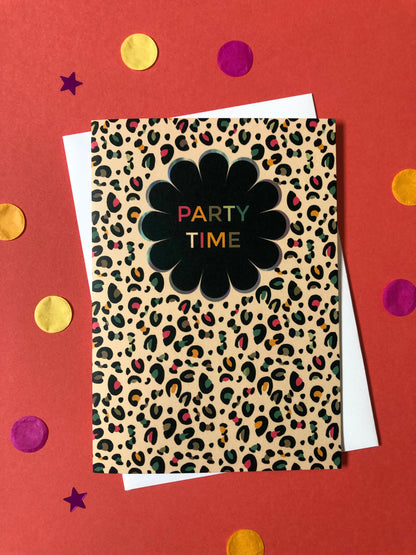 Fun Party Time card with pale gold leopard print and pops of neon.