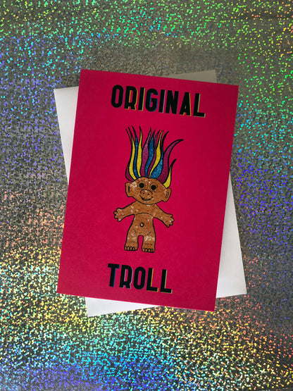 Bright Pink Greetings Card featuring an illustration of a nineties troll doll