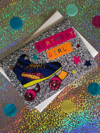 Neon and glitter rollerboot birthday girl card on a holographic background.