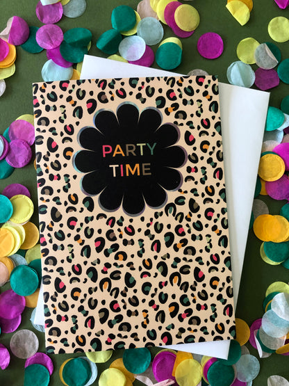 Fun Party Time card with pale gold leopard print and pops of neon.