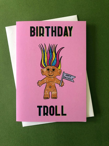Pink Birthday Card featuring an illustration of a nineties troll doll