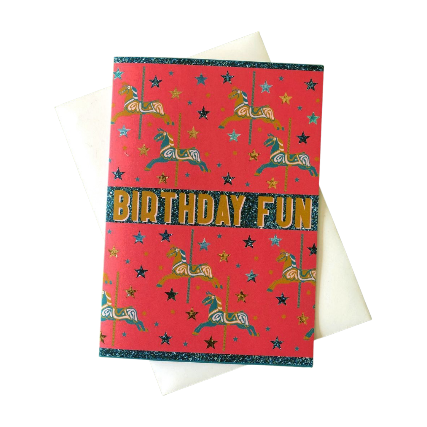 Bright and fun birthday card featuring a carousel horse design on a white background
