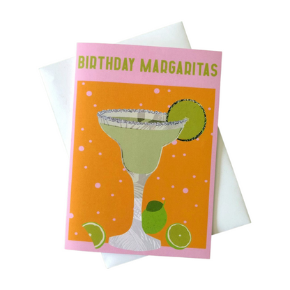 Bright and colourful birthday card featuring a margarita cocktail on a white background.