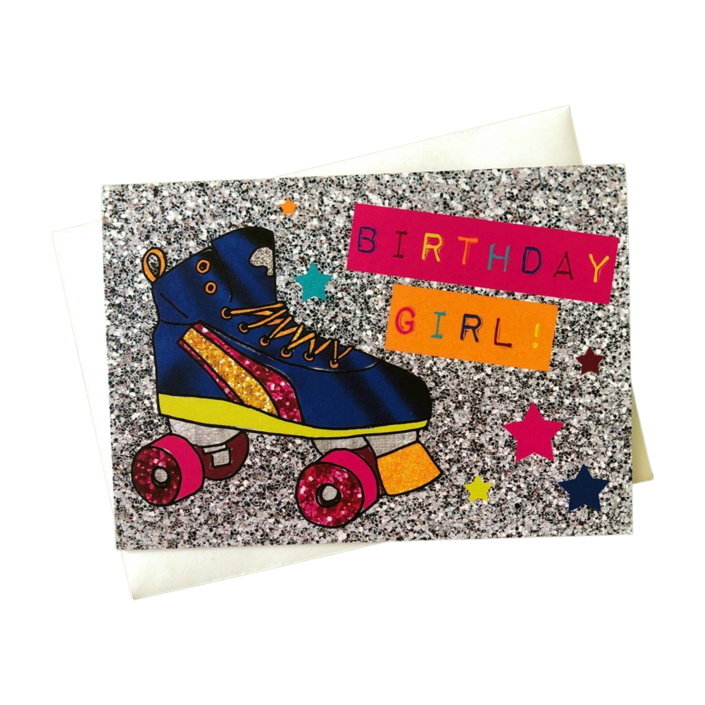 Neon and glitter rollerboot birthday girl card on a white background.